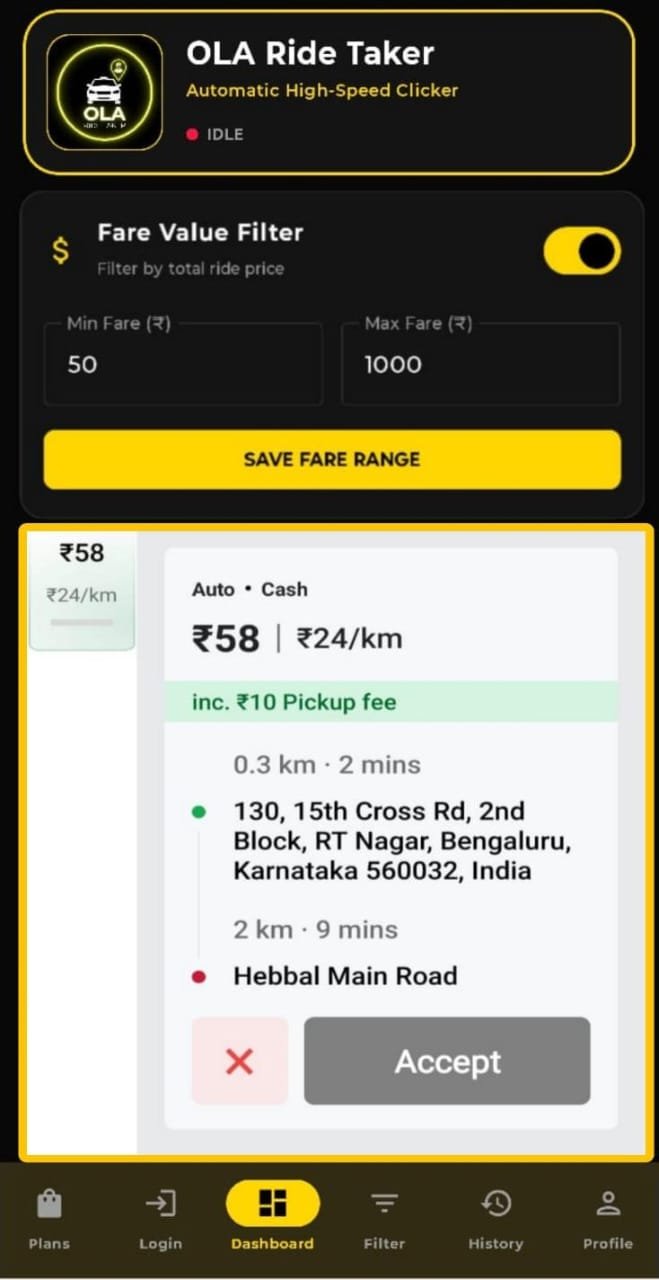 OLA Ride Taker App Interface